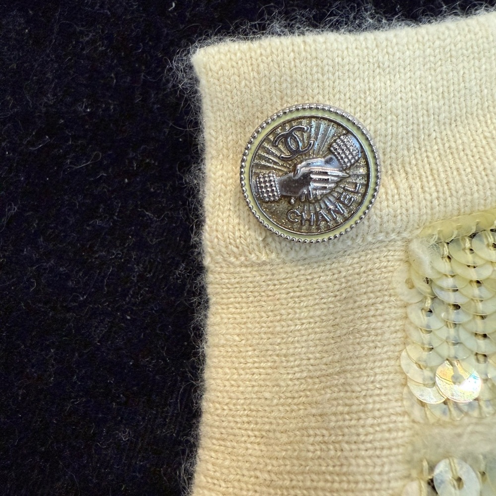 CHANEL Yellow and Gold Sequin Cashmere Button Up Cardigan - Picture 2 of 7